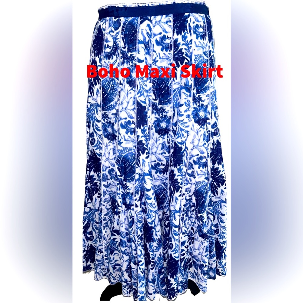 🩵🩵 Boho Blue White Pleated Maxi Skirt🩵🩵‎